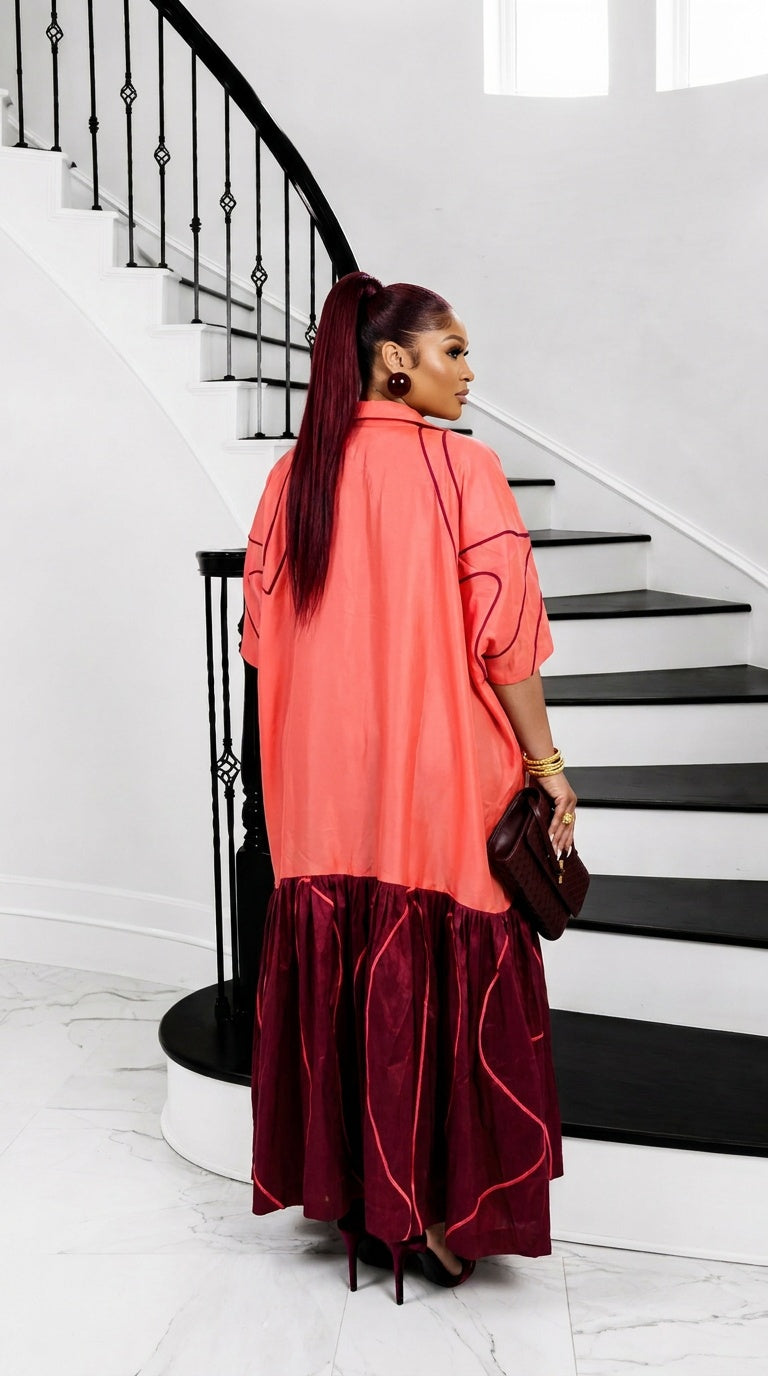 The Executive Lapel Bubu Dress - Coral × Deep Burgundy