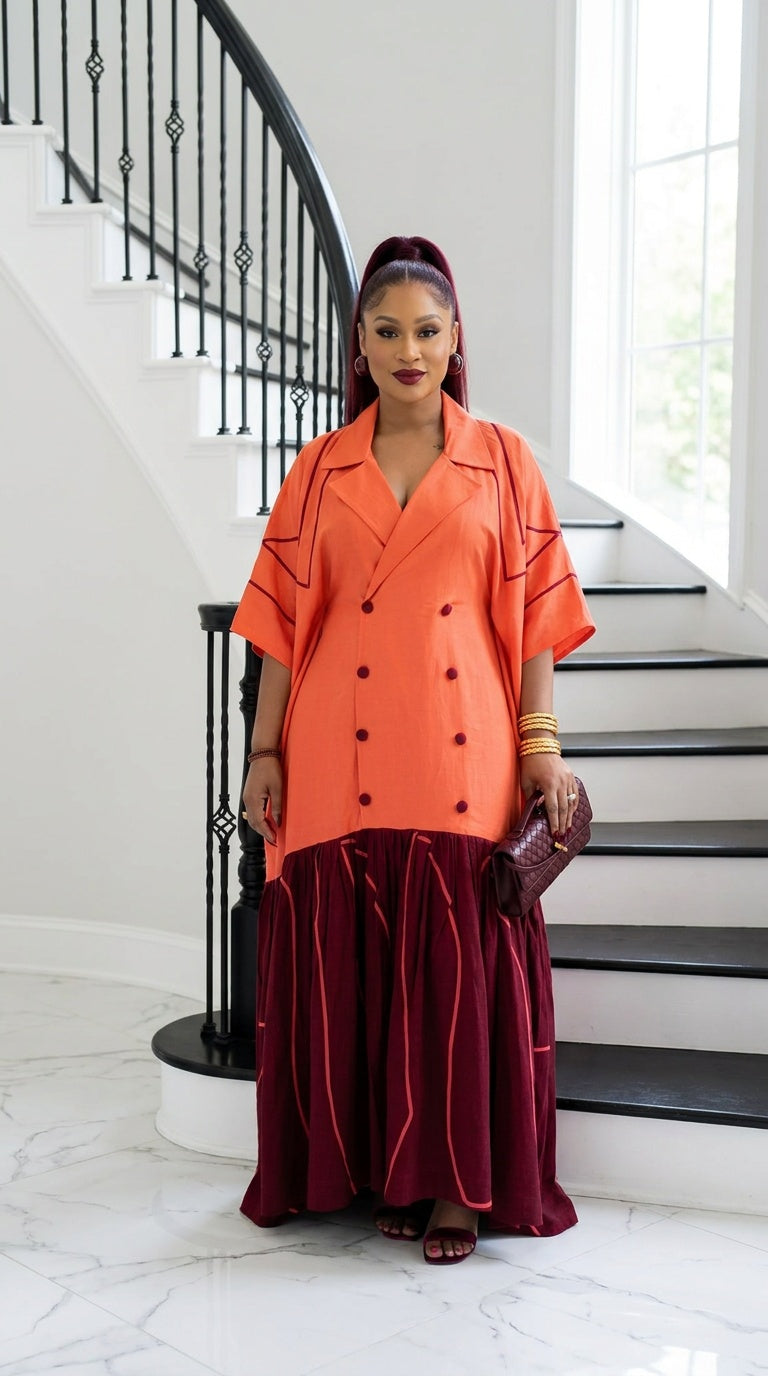 The Executive Lapel Bubu Dress - Coral × Deep Burgundy