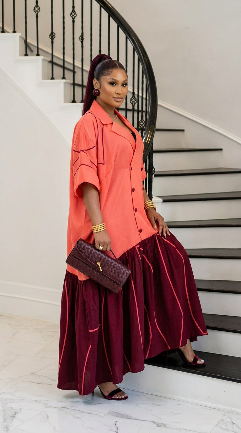 The Executive Lapel Bubu Dress - Coral × Deep Burgundy
