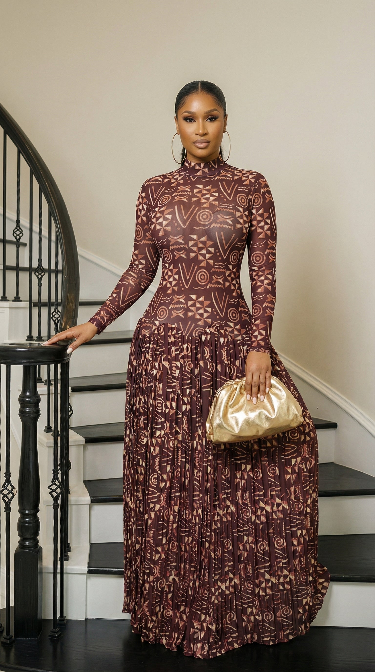 The Evara Pleated Dress Brown