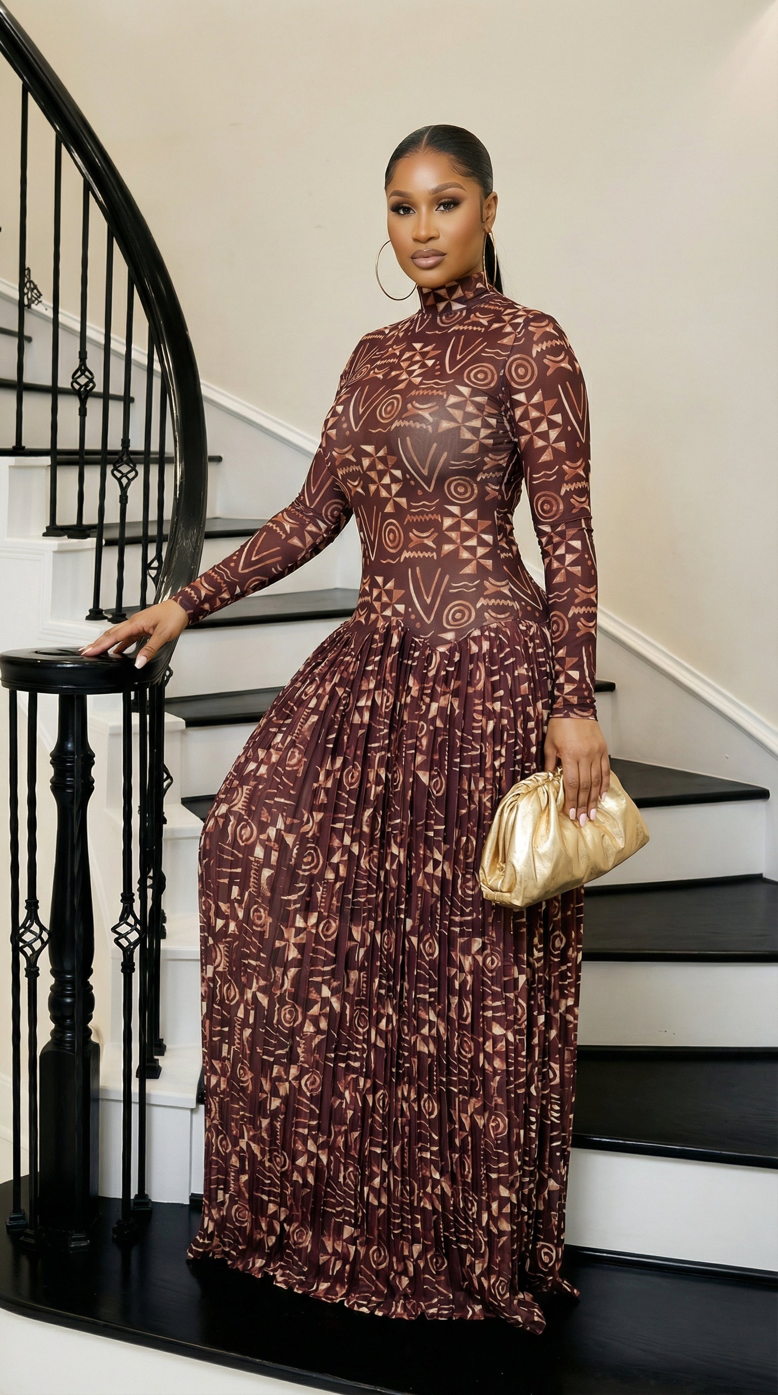 The Evara Pleated Dress Brown