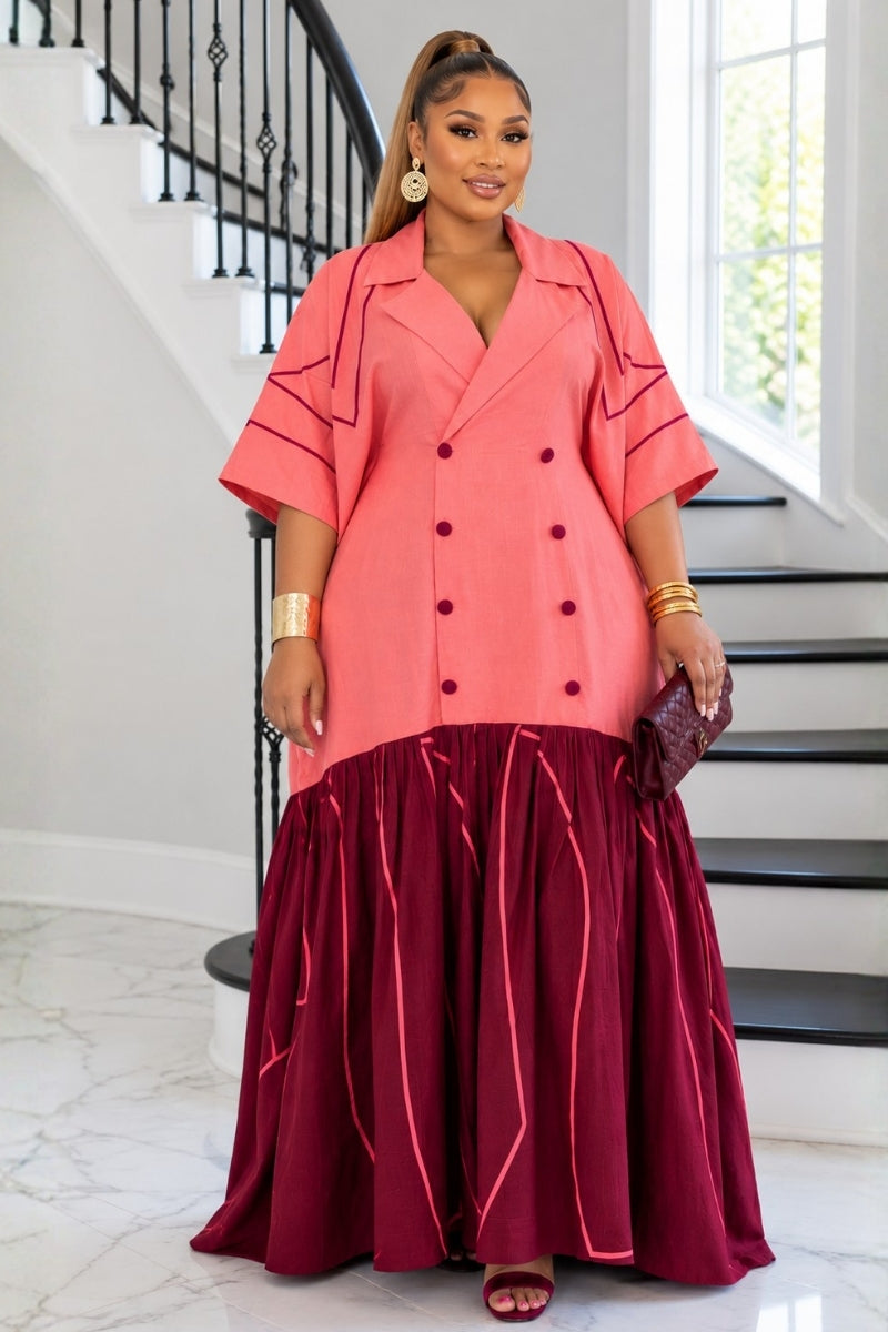 The Executive Lapel Bubu Dress - Coral × Deep Burgundy