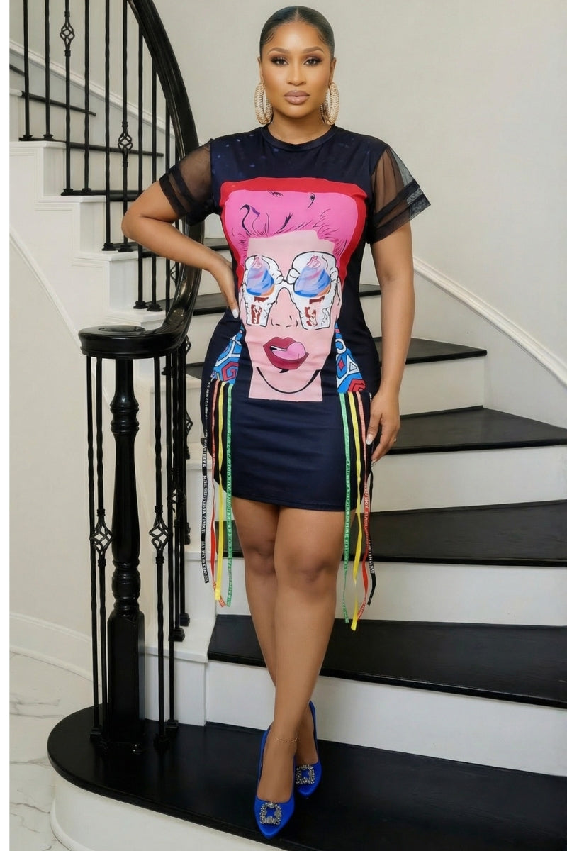 Pop Art Mesh Sleeve Bodycon Dress