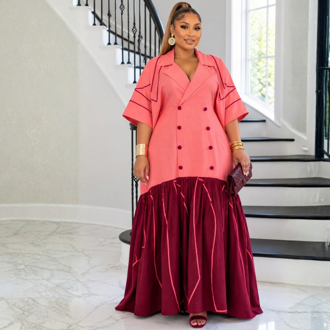 The Executive Lapel Bubu Dress - Coral × Deep Burgundy