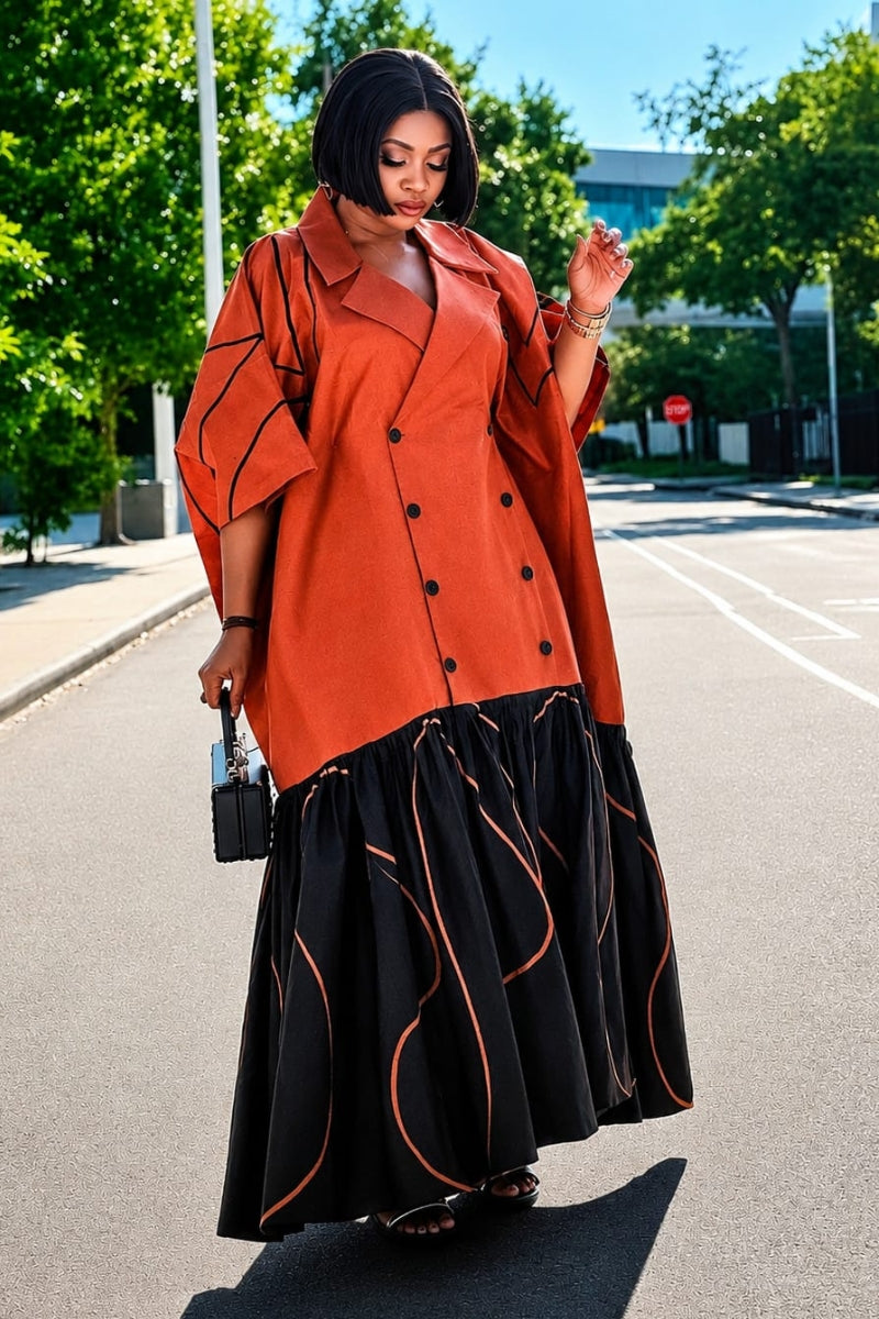 The Executive Lapel Bubu Dress -Burnt Orange × Espresso