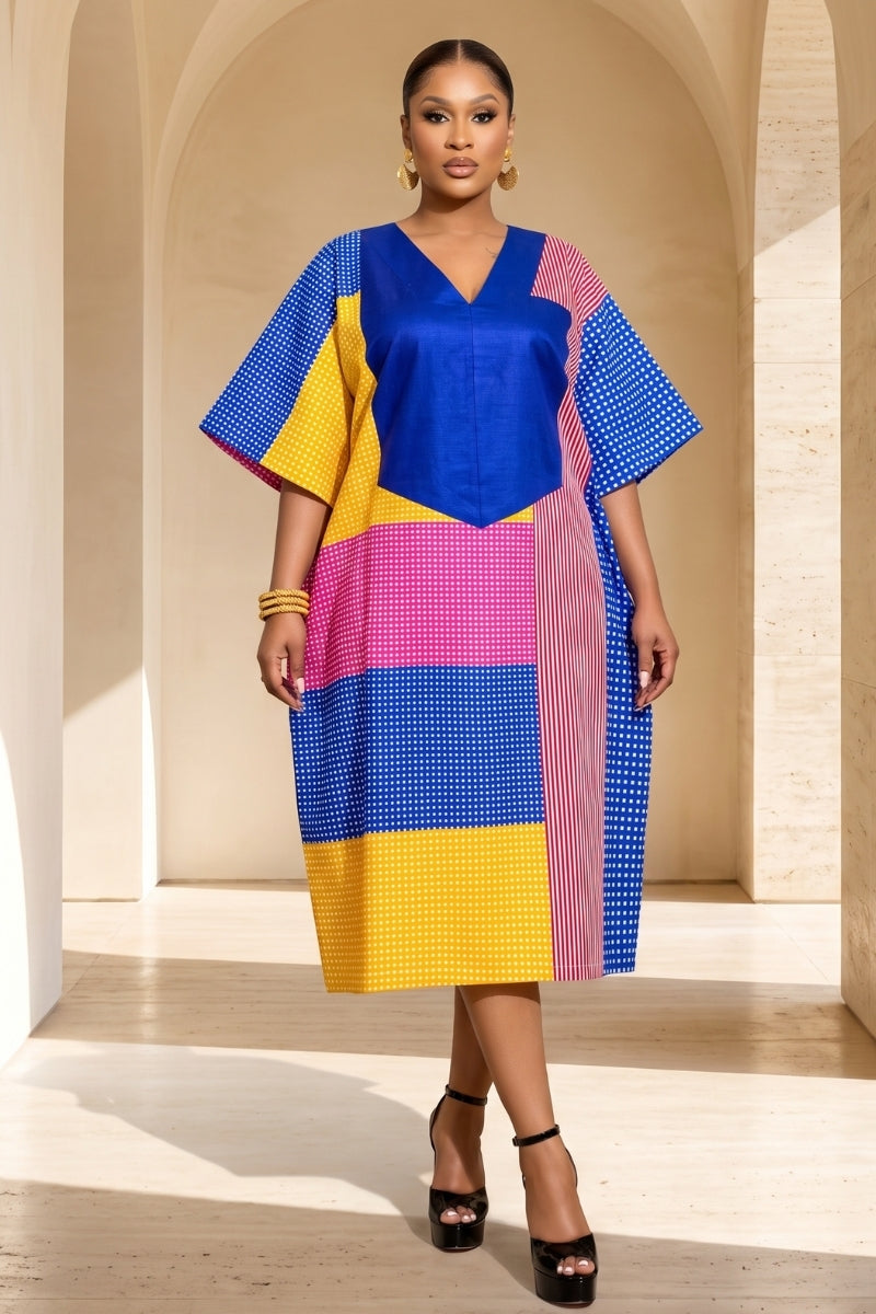 The Abeni Aso-Oke Patchwork Dress- Blue