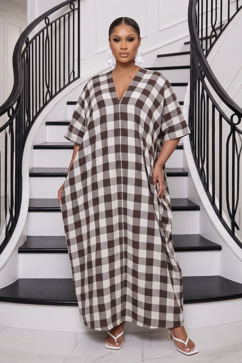 The Mila Gingham Linen Maxi Dress - Brown