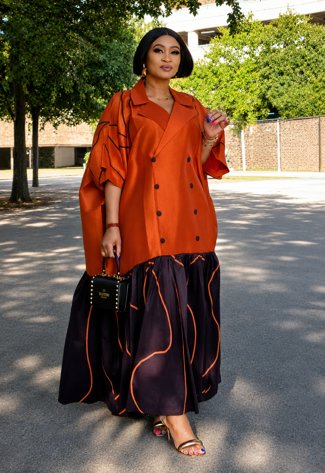 The Executive Lapel Bubu Dress -Burnt Orange × Espresso