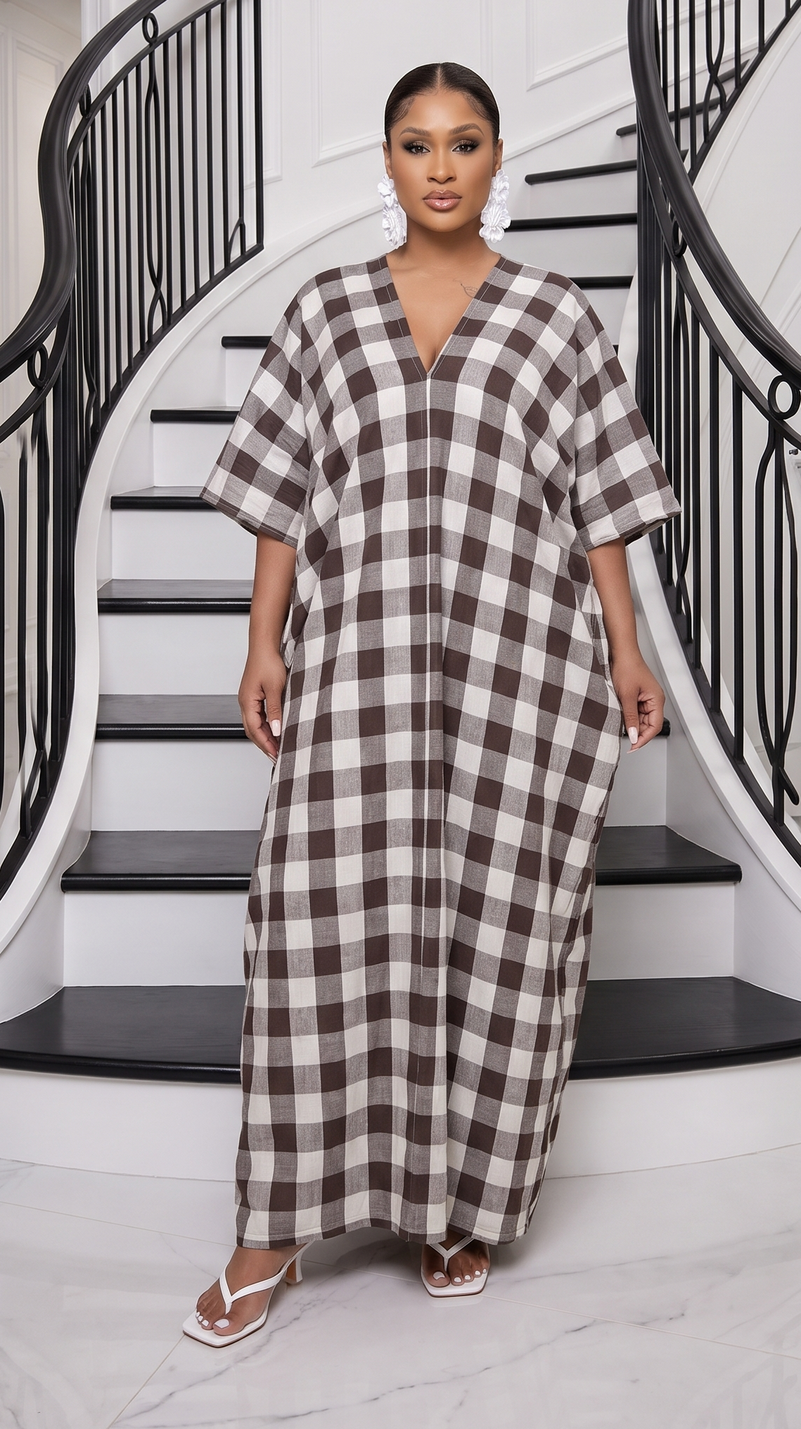 The Mila Gingham Linen Maxi Dress - Brown