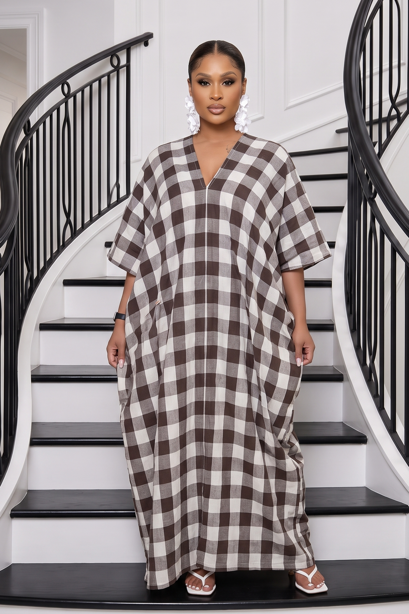 The Mila Gingham Linen Maxi Dress - Brown