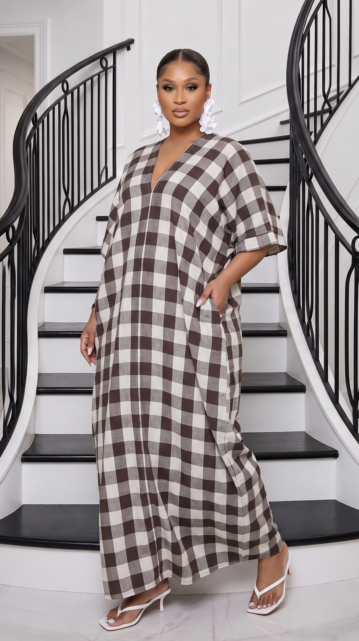 The Mila Gingham Linen Maxi Dress - Brown