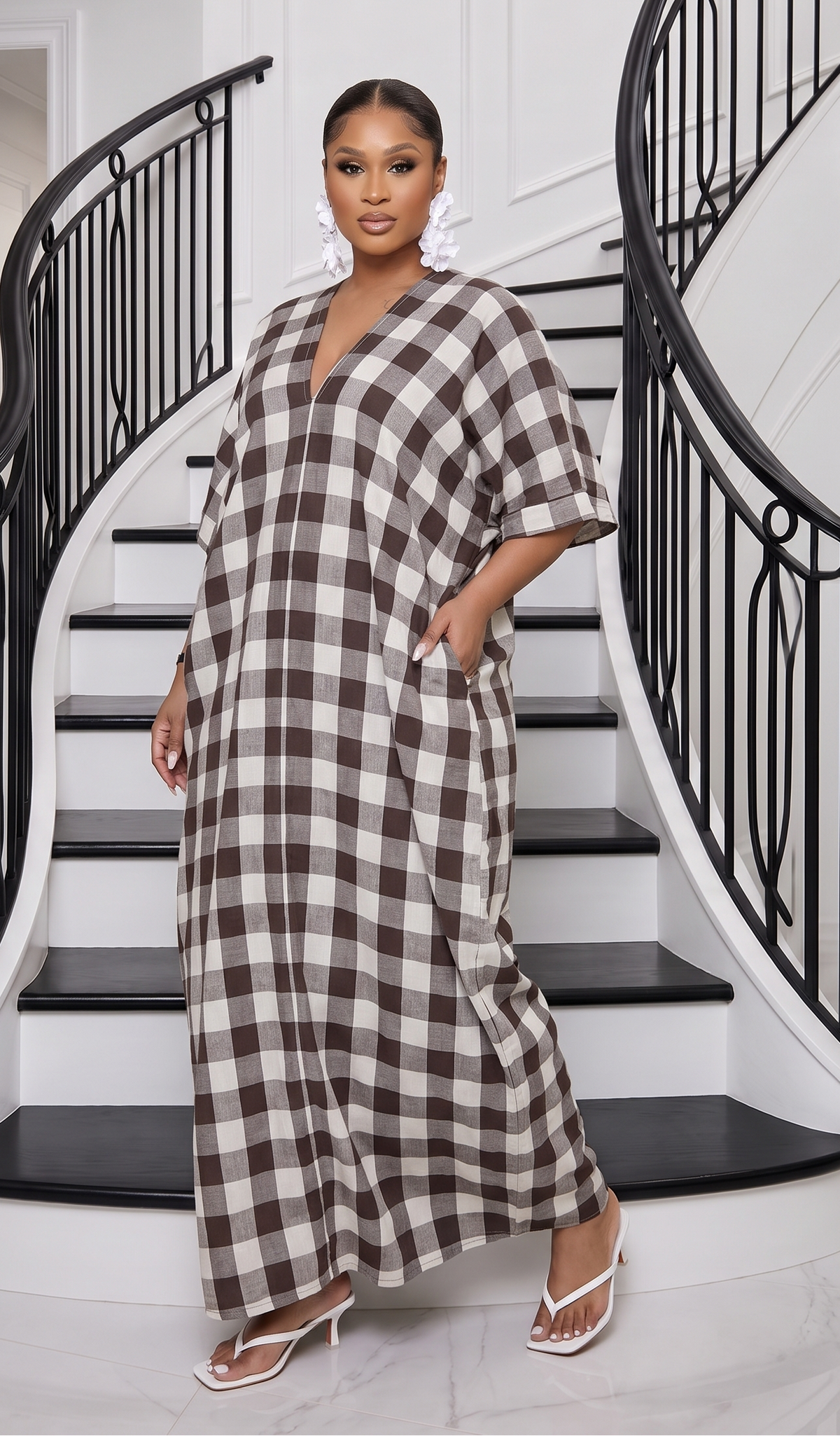 The Mila Gingham Linen Maxi Dress - Brown