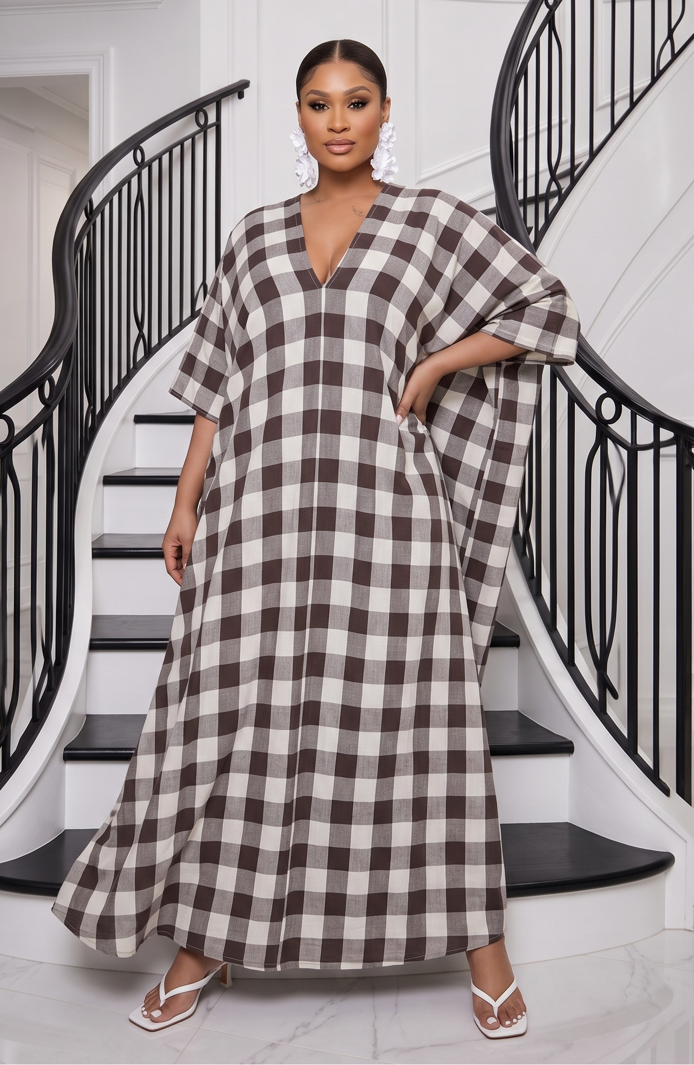 The Mila Gingham Linen Maxi Dress - Brown