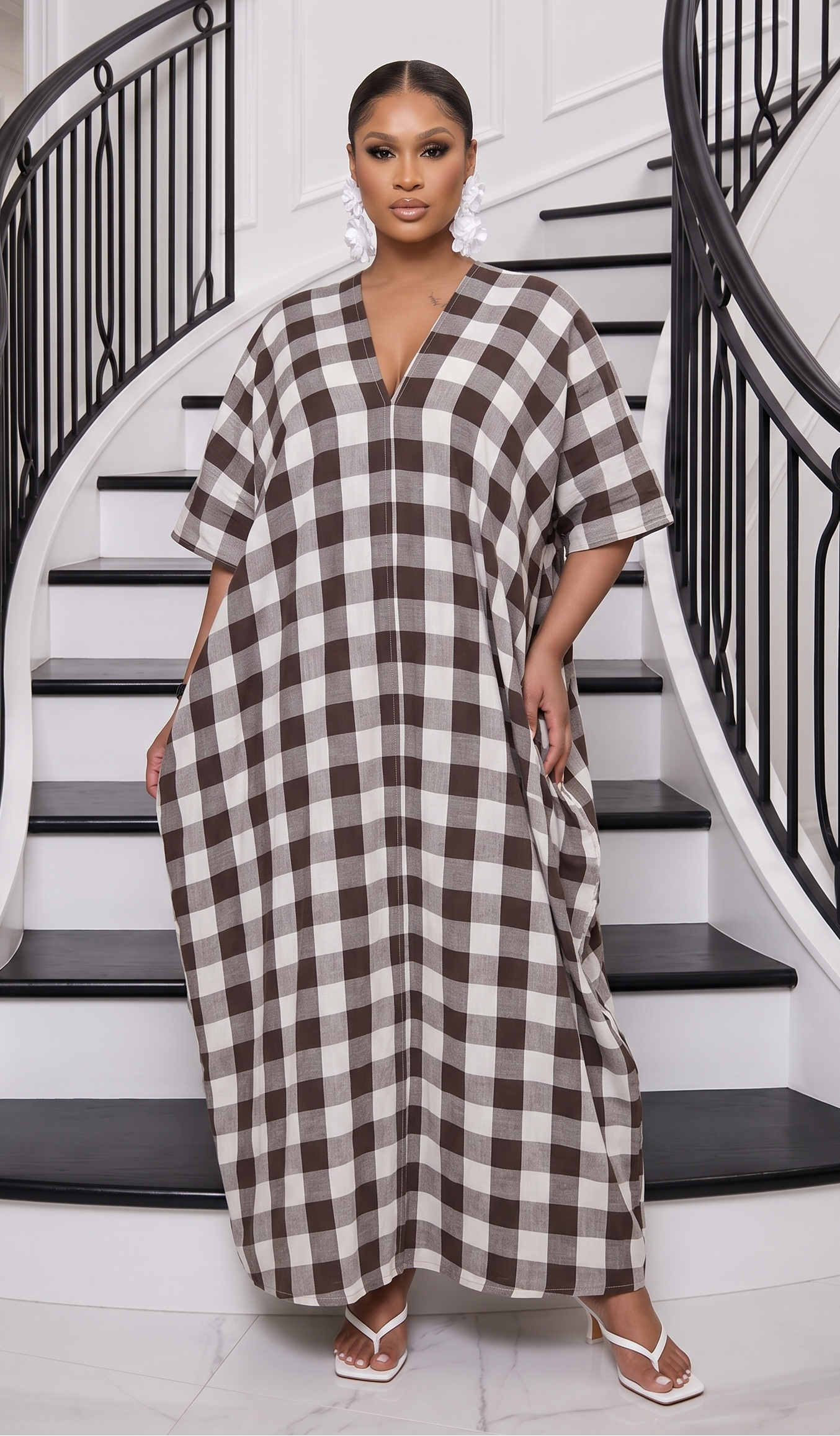 The Mila Gingham Linen Maxi Dress - Brown