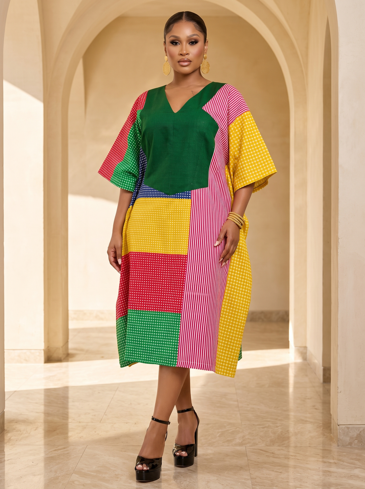 The Abeni Aso-Oke Patchwork Dress- Green