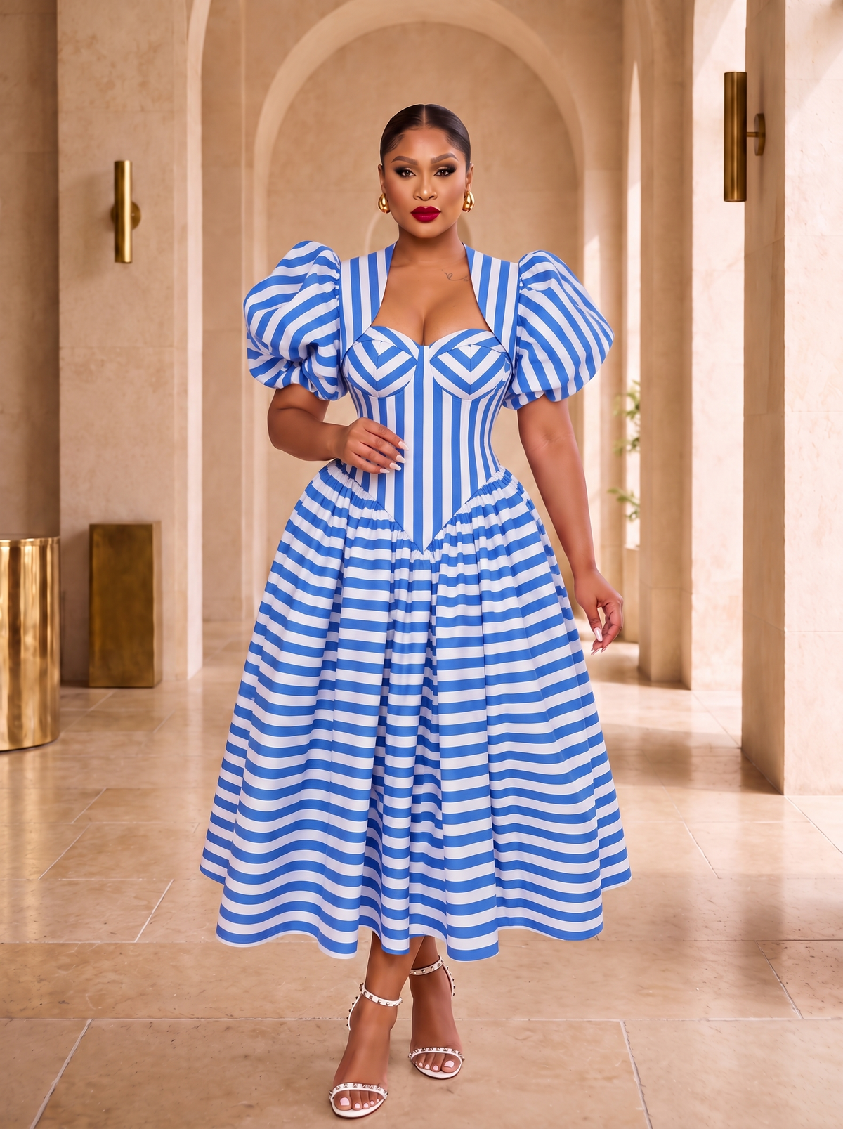 The Amour Striped Corset Midi Dress- Blue