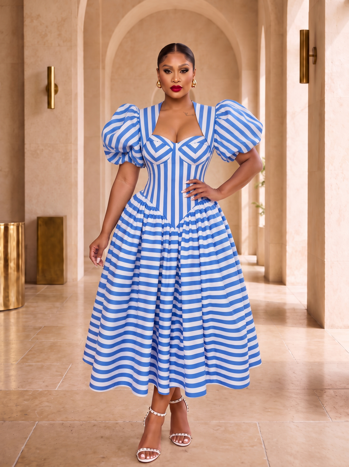The Amour Striped Corset Midi Dress- Blue