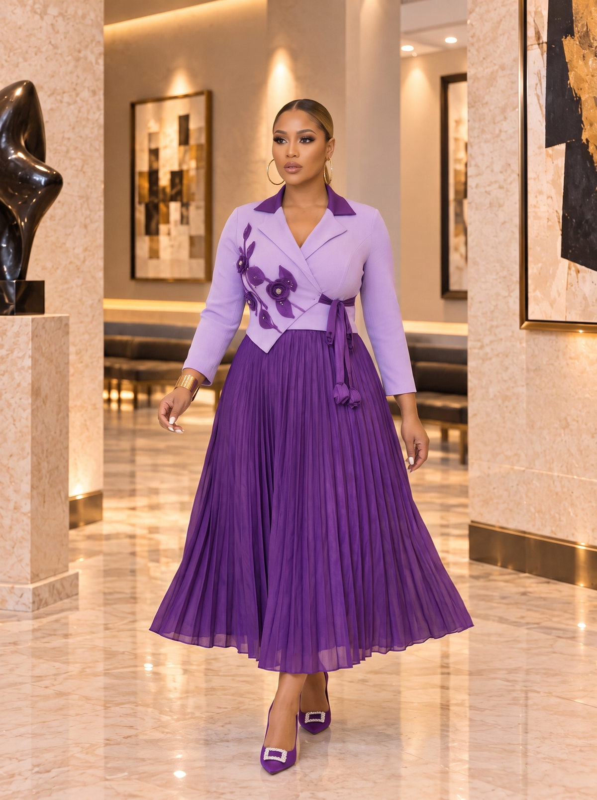 Regal Bloom Pleated Maxi Dress