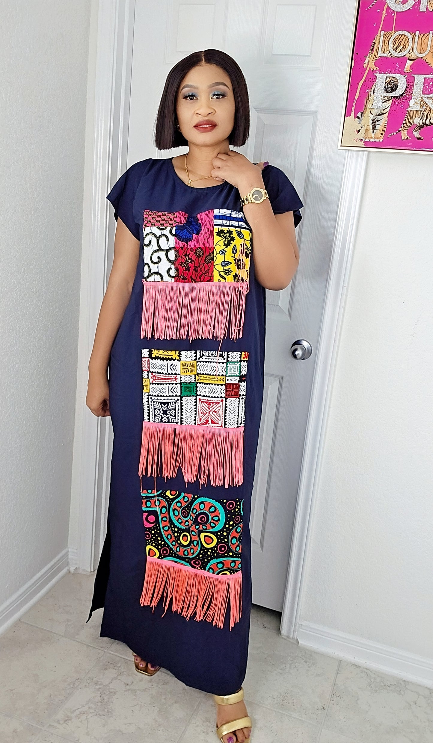 Asa Crepe Dress with Ankara Patch and fringe Design