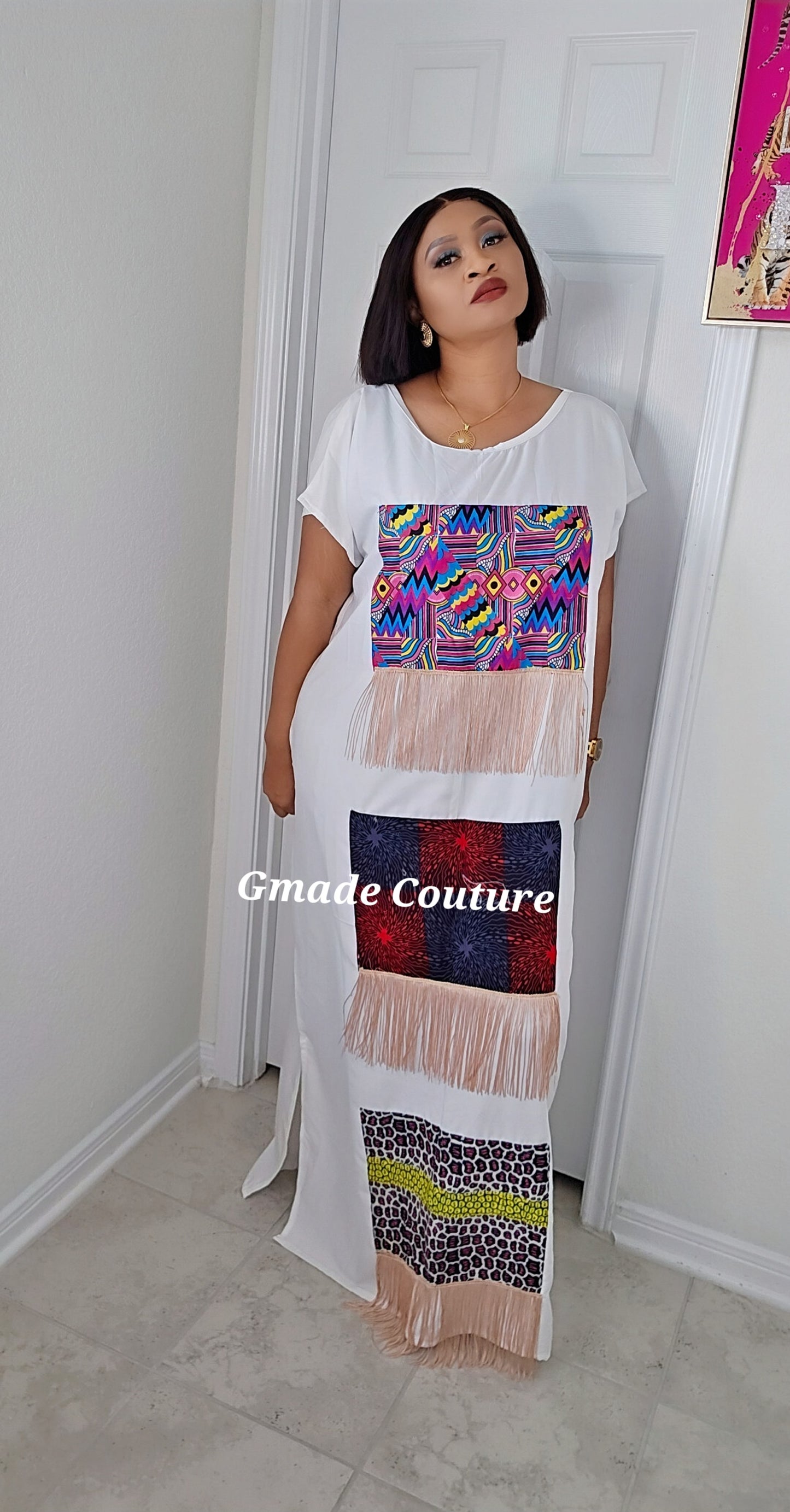 Asa Crepe Dress with Ankara Patch and fringe Design