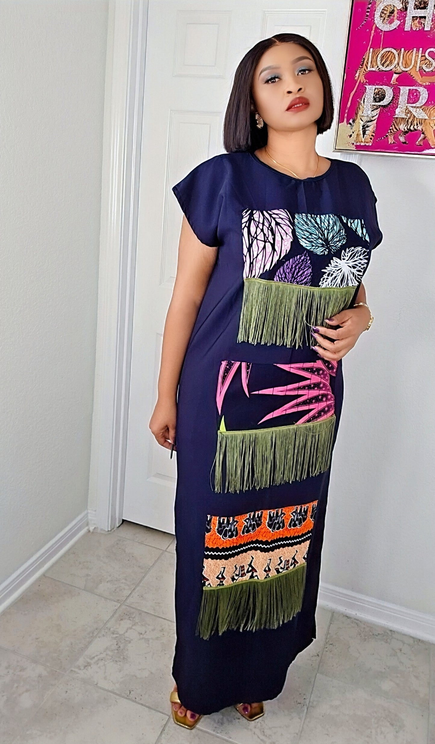 Asa Crepe Dress with Ankara Patch and fringe Design