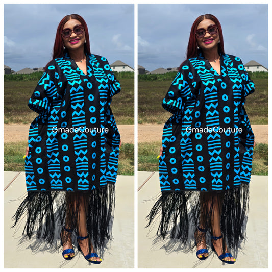 Rich Aunty Luxury Adire Bubu Dress with all round Fringe with matching Scarf