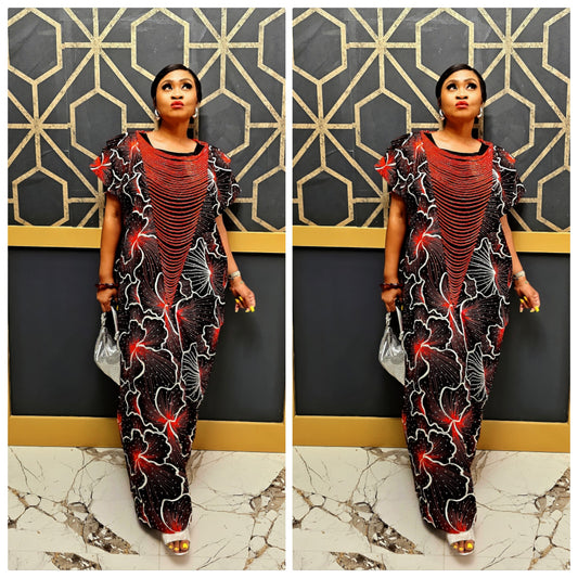 Imade Rich Aunty Luxurious High Quality Embellished Beaded Ankara with Crystals Agbada Bubu Maxi Dress Kaftan Dress with Matching Scarf