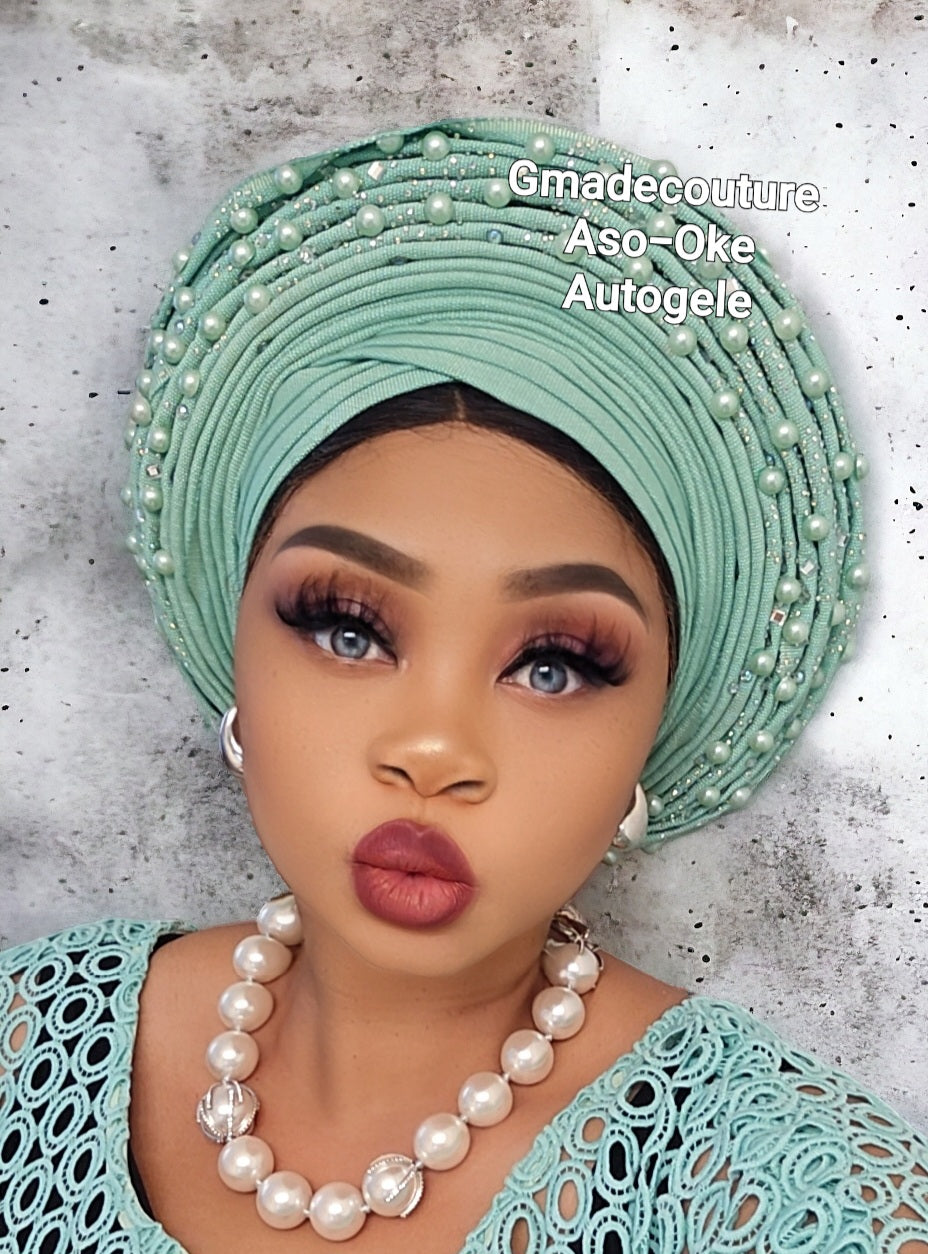 V-CUT LUXURY AUTOGELE ASO OKE BEADED HEADTIE ONLY WITH LACE, PEARLS AND STONE GLITTERS