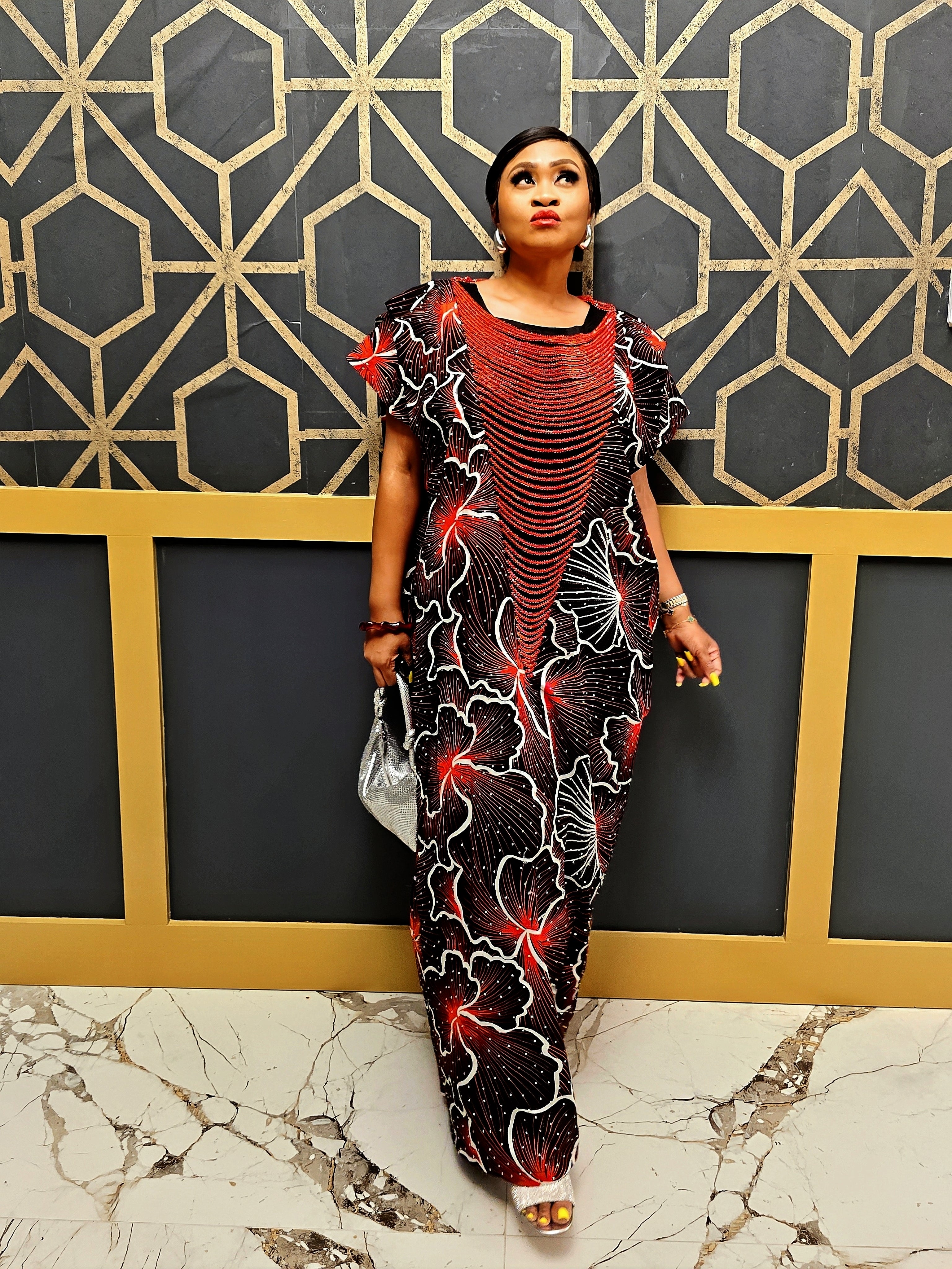 Imade Rich Aunty Luxury Beaded Ankara Agbada Bubu Kaftan with Matching Scarf.