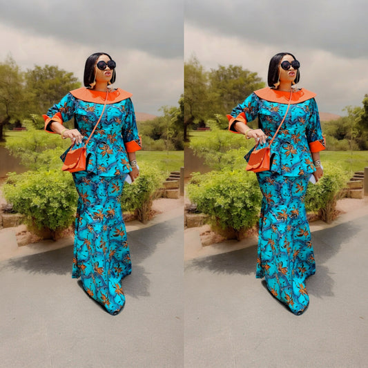 Peplum Blinged Ankara Top and Matching A-line Skirt (2 piece)