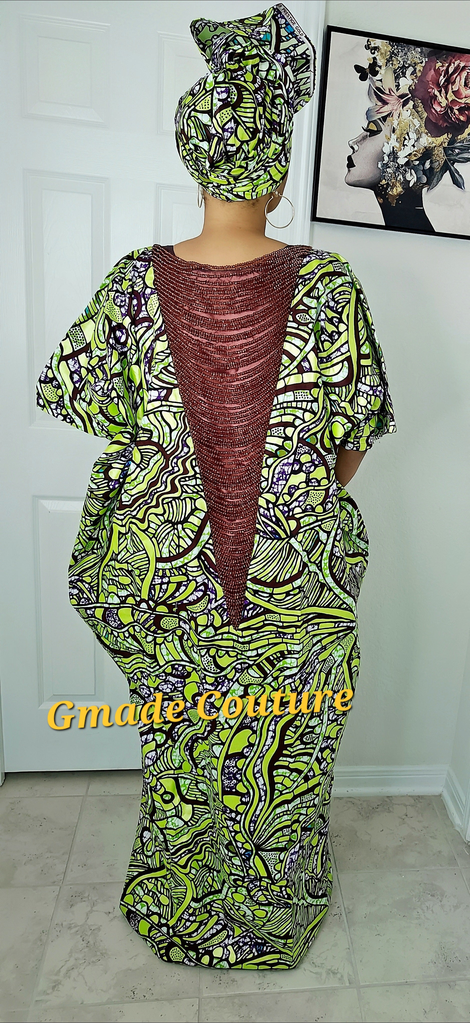 Imade Rich Aunty Luxury Beaded Ankara Agbada Bubu Kaftan with Matching Scarf.