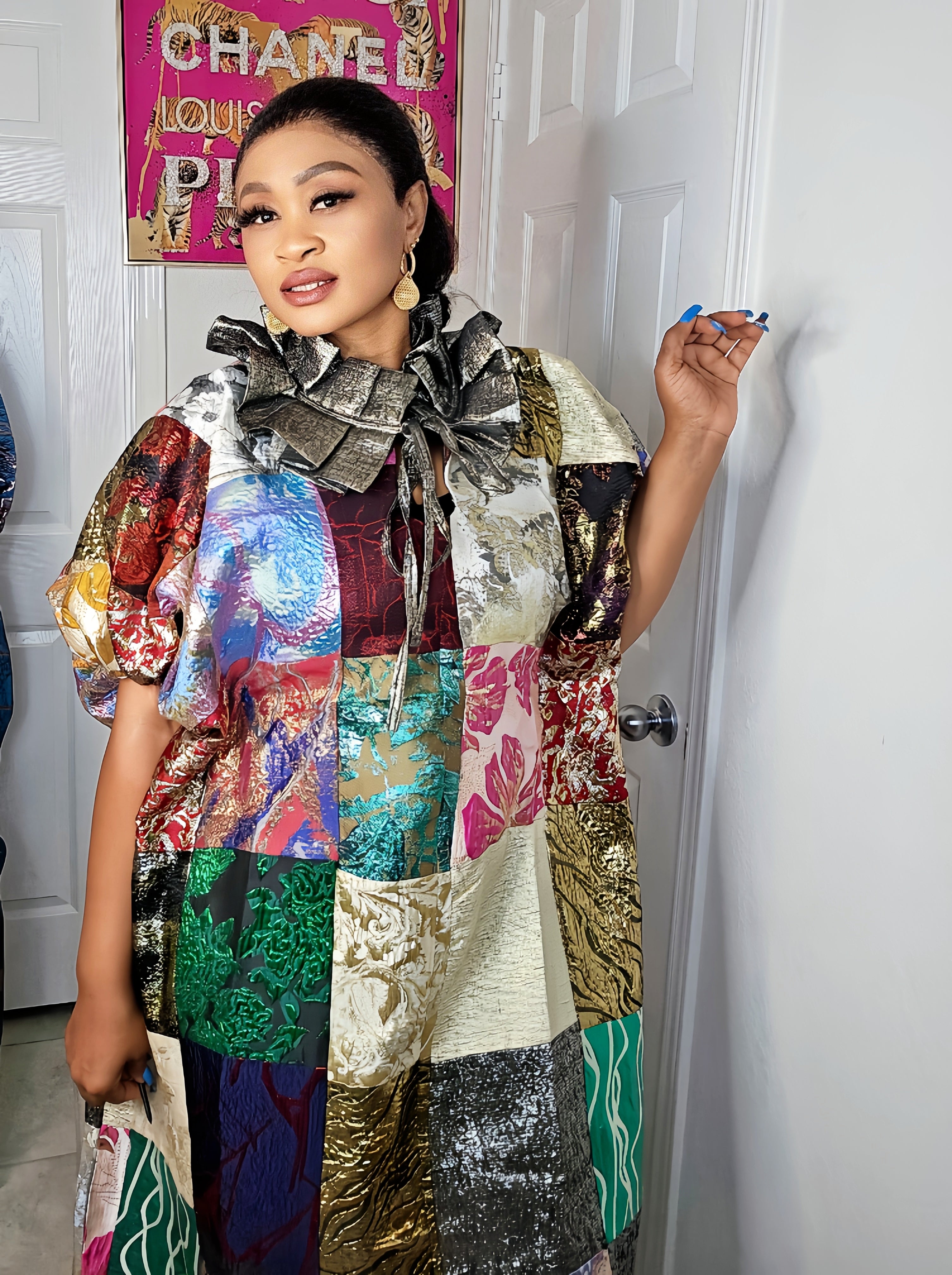 Patched Brocade Rich Aunty Luxurious  Agbada Bubu Maxi Dress Kaftan Dress with Dramatic Neckline