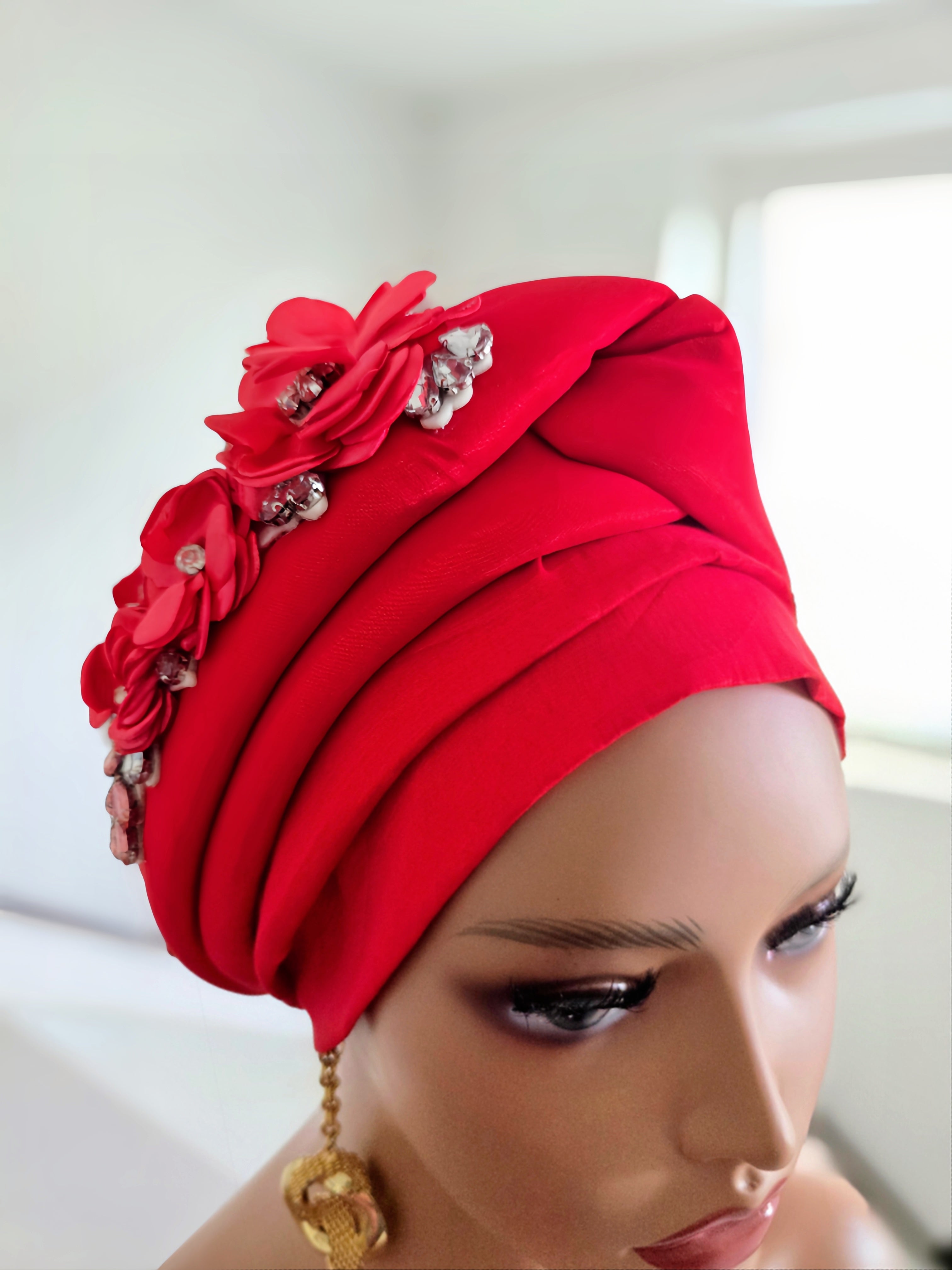 READY TO WEAR TAFETTA TURBAN GELE CAP WITH KNOT UP-DO EMBELLISHED WITH RHINESTONES AND ROSE PETALS
