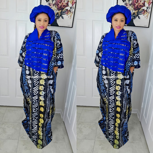 PRINCESS G Wax Ankara Print A-line Bubu Dress With Aso-Oke Neckline