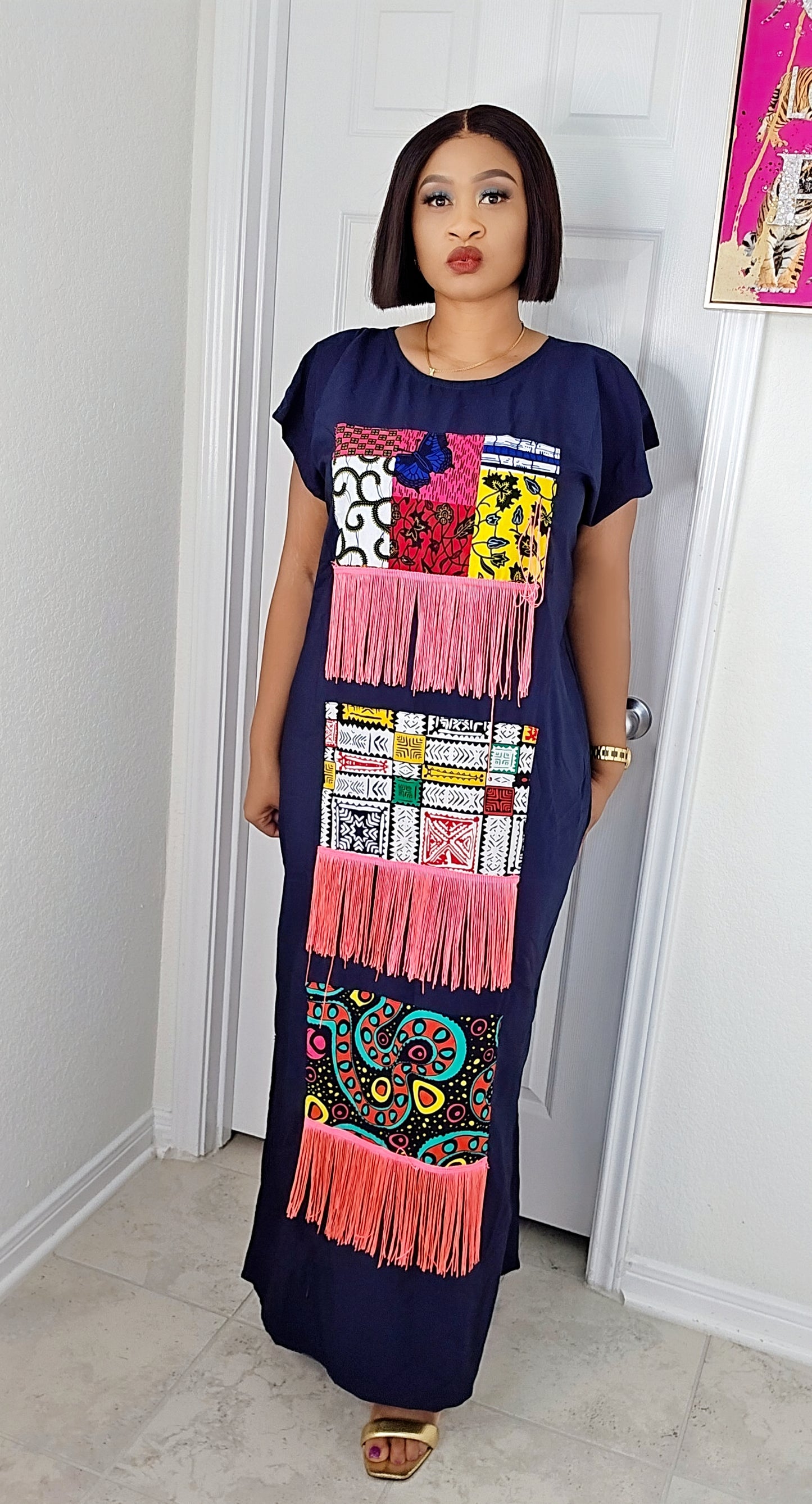 Asa Crepe Dress with Ankara Patch and fringe Design