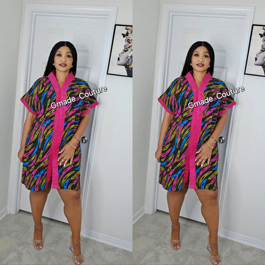 Pam Ready to wear Multicored Ankara Wax Printdire Dress with Aso-oke Patch -P