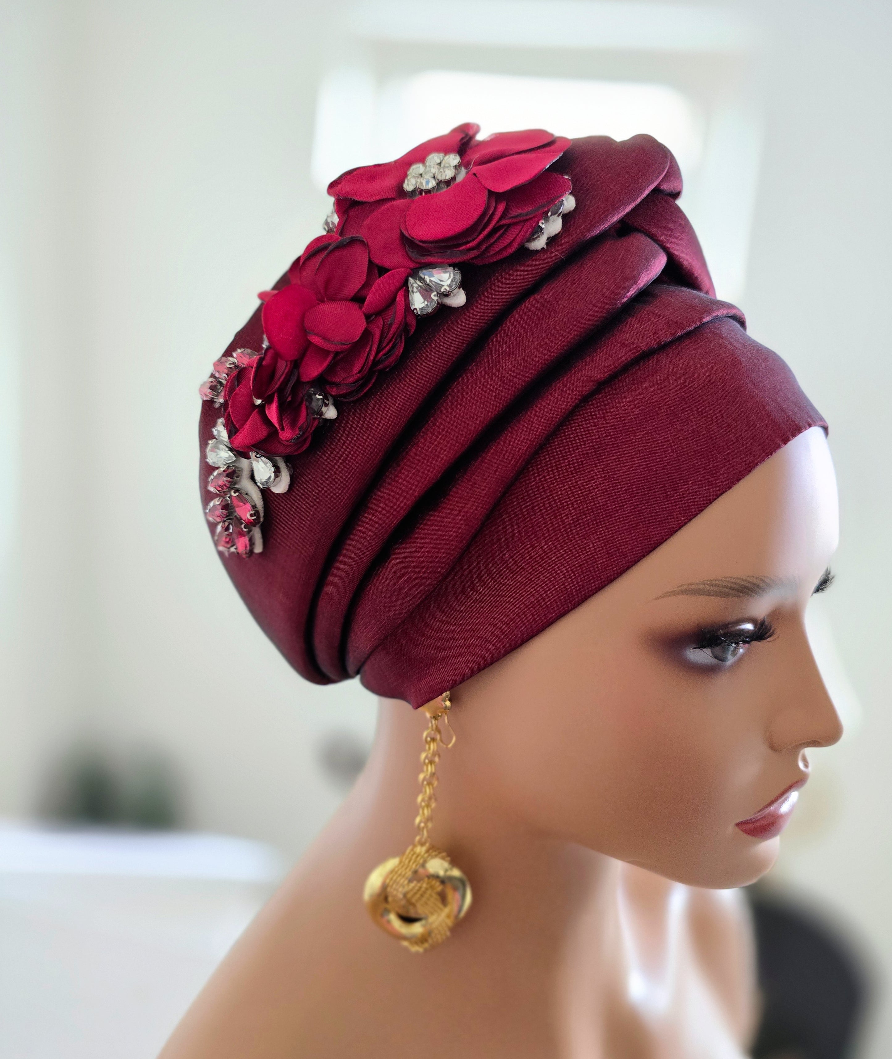 READY TO WEAR TAFETTA TURBAN GELE CAP WITH KNOT UP-DO EMBELLISHED WITH RHINESTONES AND ROSE PETALS