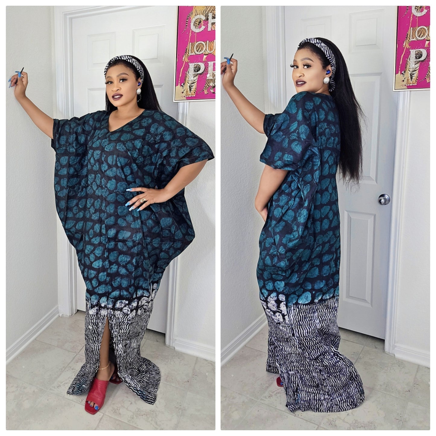 Oma Ankara Bubu Dress-Mini Agbada Two-Tone Adire premium with  Front Cut with Matching Scarf