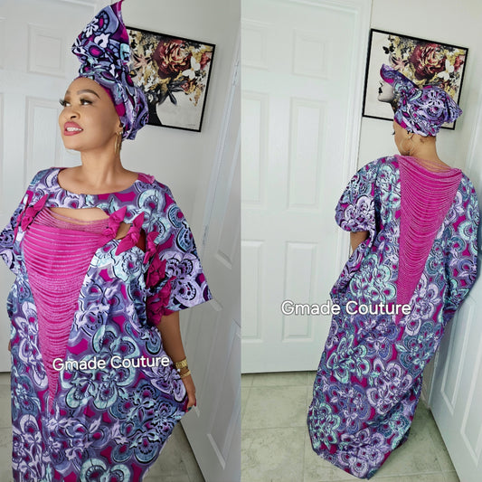 Emma Embellished Glo Ankara  Rose Bow  Rich Aunty bubu with Matching Scarf