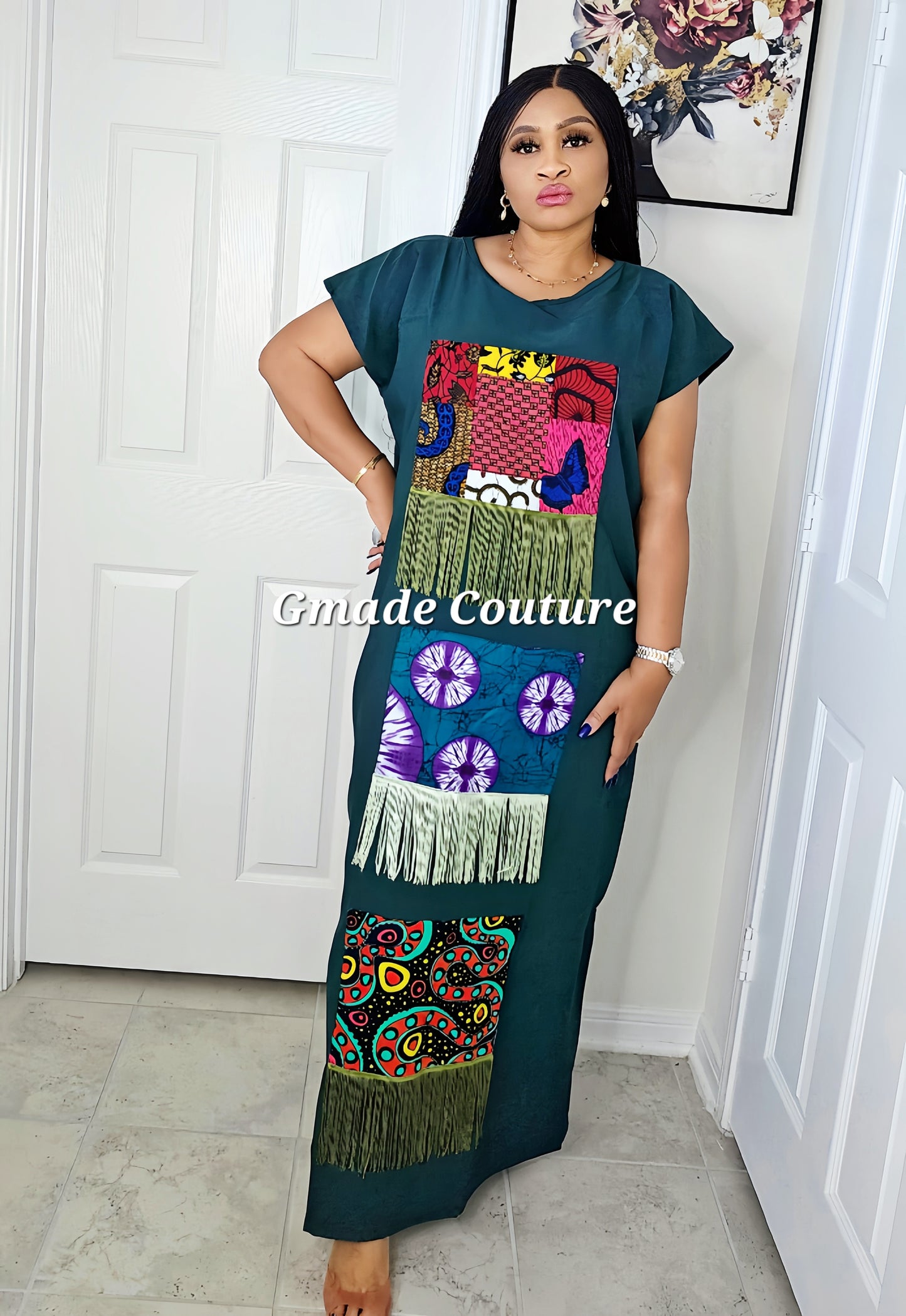 Asa Crepe Dress with Ankara Patch and fringe Design