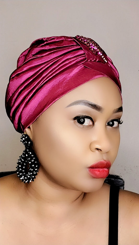 READY TO WEAR TAFETTA TURBAN CAP WITH SIDE LEAF UPDO -11