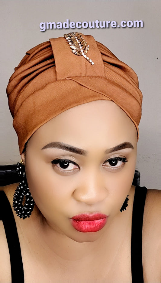 READY TO WEAR TAFETTA TURBAN CAP WITH SIDE LEAF UPDO -14