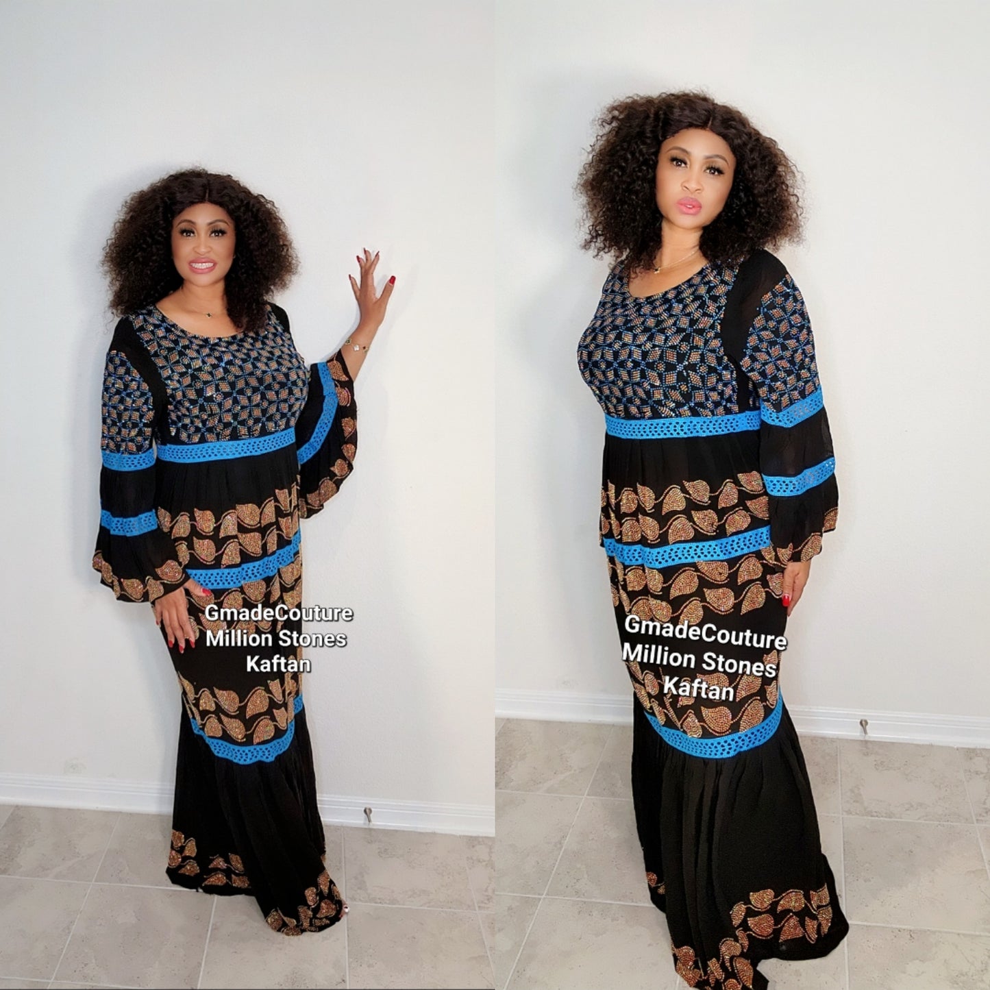 Imade Maxi Million stones kaftan  with flare sleeve- Blue